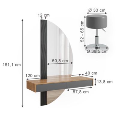 Vicco Coiffeuse Gris 120cm avec éclairage et tabouret