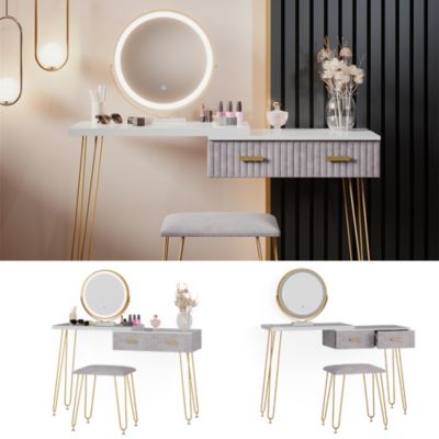 Vicco coiffeuse Elise, Blanc/Gris, 115 cm avec éclairage LED et