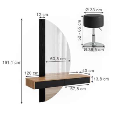 Coiffeuse Vicco Mirabell 100 Cm – Marbre Noir Avec Miroir LED Intégré Et Tabouret – 3 Tiroirs Spacieux, Charge Max 90 Kg – Parfaite Pour Maquillage Et Rangement