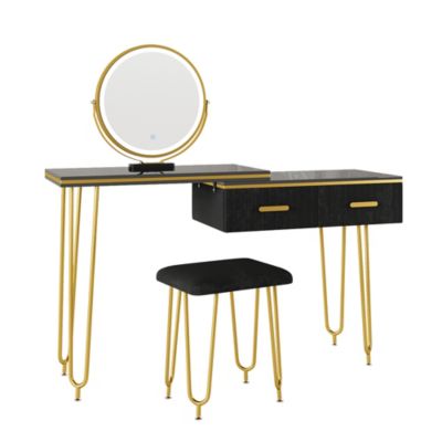 Vicco Coiffeuse Noir 120cm avec miroir LED et tabouret