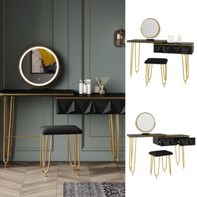 Vicco Coiffeuse Noir 120cm avec miroir LED et tabouret