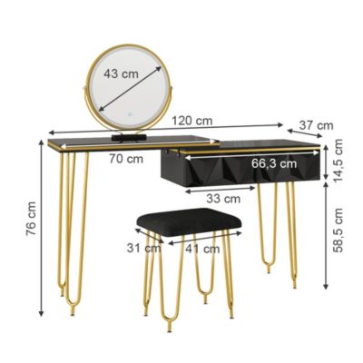Vicco Coiffeuse Noir 120cm avec miroir LED et tabouret
