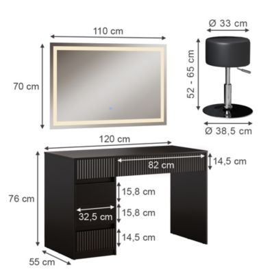 Vicco Coiffeuse Noir 120cm avec miroir LED et tabouret