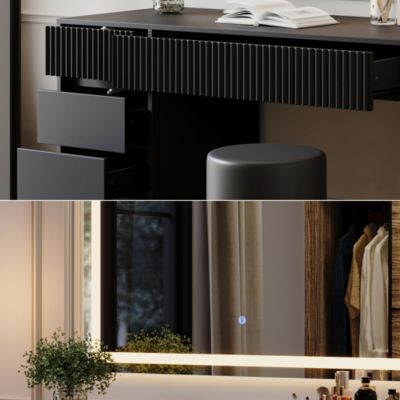 Vicco Coiffeuse Noir 120cm avec miroir LED et tabouret