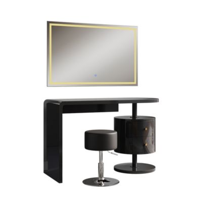 Vicco Coiffeuse Noir Haute brillance 120cm avec miroir LED et tabouret