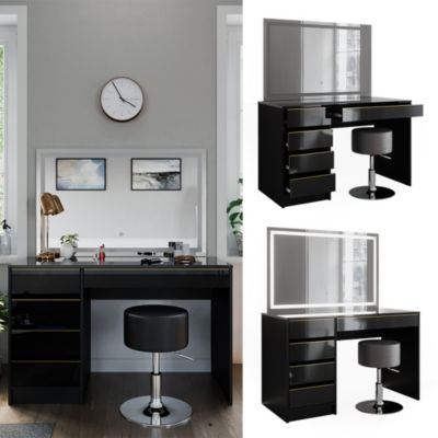 Coiffeuse Mirabell Noir 100cm Avec Miroir Led Et Tabouret Vicco à Prix