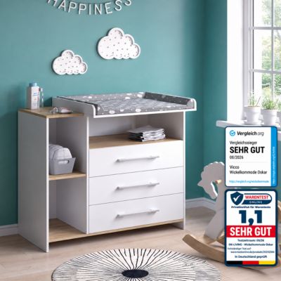 Vicco Commode à langer Chêne blanc/force de lor 113x93cm avec 3 tiroirs
