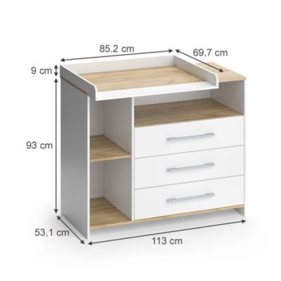 Vicco Commode à langer Chêne blanc/force de lor 113x93cm avec 3 tiroirs