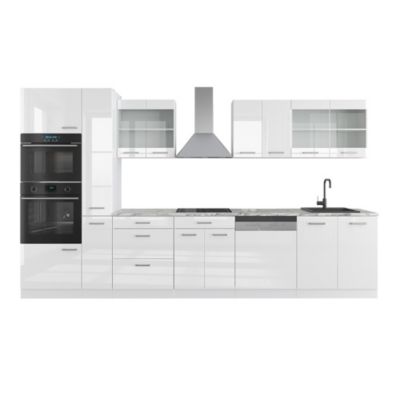 Vicco Cuisine blanc brillant/blanc 350cm avec armoire haute, sans PT