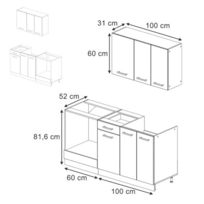 Vicco Cuisine Blanc brillant/Chêne doré 160cm avec meuble four et évier avec PL