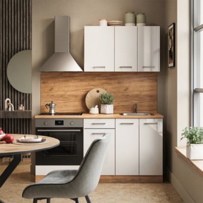 Vicco Cuisine Blanc brillant/Chêne doré 160cm avec meuble four et évier avec PL