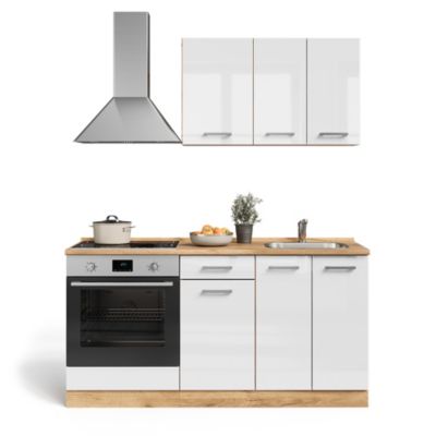 Vicco Cuisine Blanc brillant/Chêne doré 160cm avec meuble four et évier avec PL