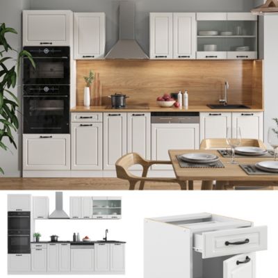 Vicco Cuisine Blanc campagne/blanc 300cm avec armoire haute, sans PT