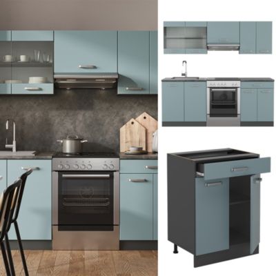 Cuisine Intégrée Vicco R-Line 200 Cm - Gris élégant Haute Brillance - Neuve