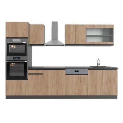 Vicco Cuisine Chêne doré/anthracite 300cm J-Shape, avec armoire haute, sans PT
