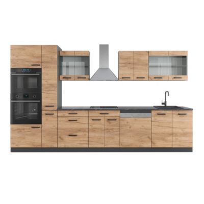 Vicco Cuisine Chêne doré/anthracite 350cm avec armoire haute, sans PT