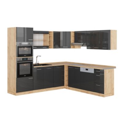 Vicco Cuisine en angle Anthracite brillant/Chêne doré 237x60cm sans PT