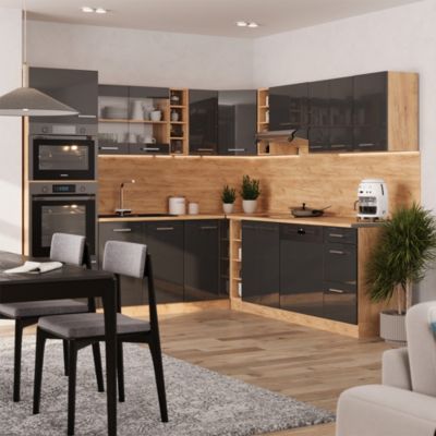Vicco Cuisine en angle Anthracite brillant/Chêne doré 237x60cm sans PT