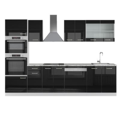 Vicco Cuisine Noir brillant/Blanc 300cm avec armoire haute, sans PT