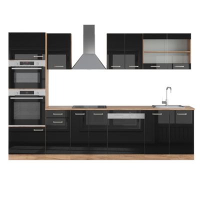 Vicco Cuisine Noir brillant/Chêne doré 300cm avec armoire haute, PT Chêne