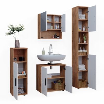 Vicco Ensemble de meubles de salle de bain Blanc brillant/Chêne doré 4 pièces, avec armoire haute