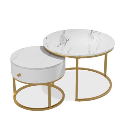 Vicco Ensemble de tables basses Marbre blanc 70x48cm , petite table avec tiroir