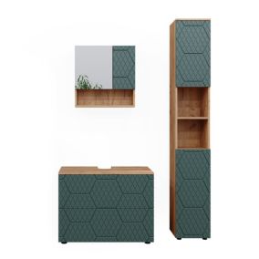 Vicco Ensemble meubles bain Vert/force de lor Chêne 3 pièces, avec armoire à tiroirs et armoire haute