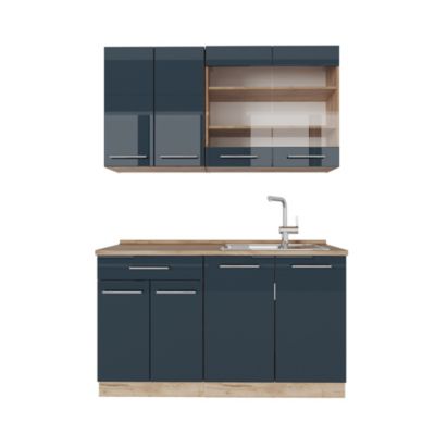 Vicco Kitchenette bleu foncé brillant/chêne doré 140cm sans PT