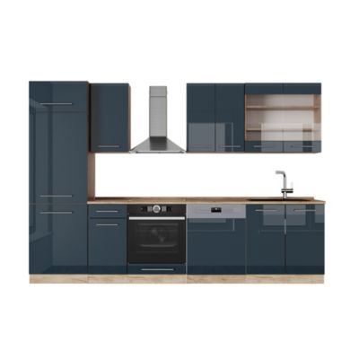 Vicco Ligne de cuisine bleu foncé brillant/chêne doré 300cm sans PT