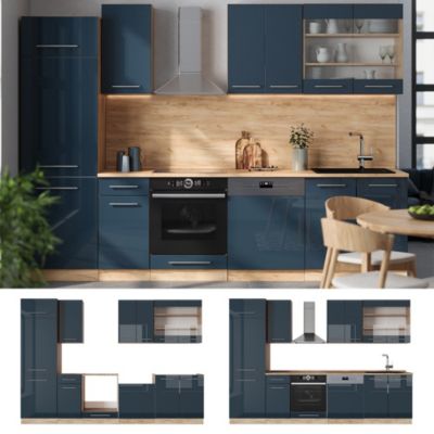 Vicco Ligne de cuisine bleu foncé brillant/chêne doré 300cm sans PT