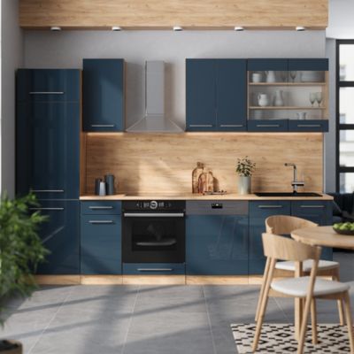 Vicco Ligne de cuisine bleu foncé brillant/chêne doré 300cm sans PT