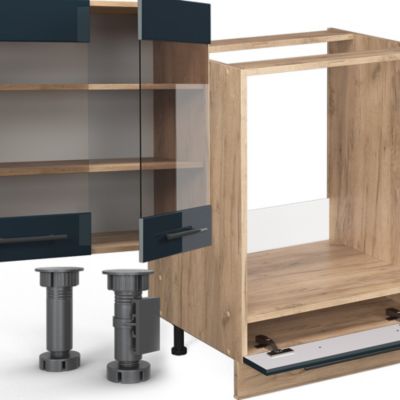 Vicco Ligne de cuisine bleu foncé brillant/chêne doré 300cm sans PT