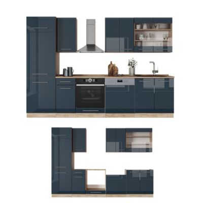 Vicco Ligne de cuisine bleu foncé brillant/chêne doré 300cm sans PT