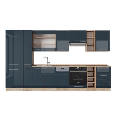 Vicco Ligne de cuisine bleu foncé brillant/chêne doré 355cm sans PT