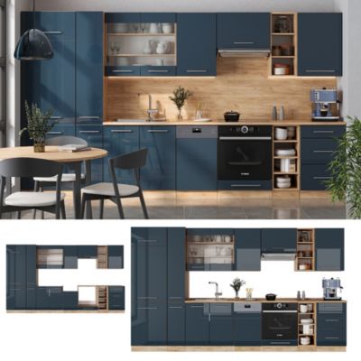 Vicco Ligne de cuisine bleu foncé brillant/chêne doré 355cm sans PT