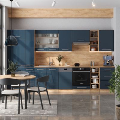 Vicco Ligne de cuisine bleu foncé brillant/chêne doré 355cm sans PT