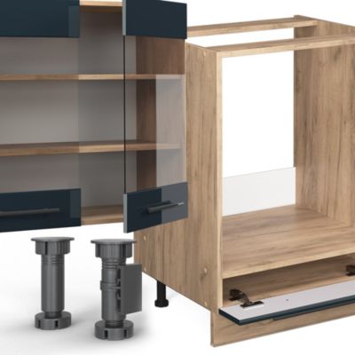 Vicco Ligne de cuisine bleu foncé brillant/chêne doré 355cm sans PT