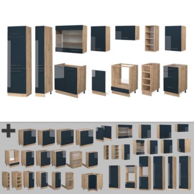 Vicco Ligne de cuisine bleu foncé brillant/chêne doré 355cm sans PT