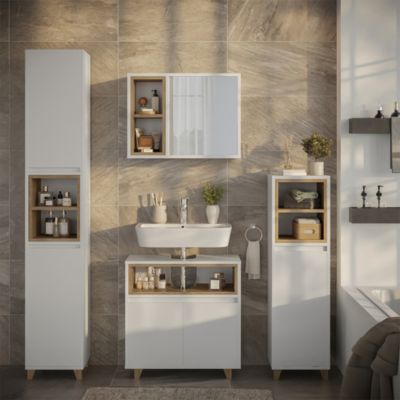 Armoire à Linge Fynn Blanc Vicco - Meuble De Salle De Bain Avec Panier