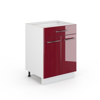 Vicco Meuble salle de bain Rouge bordeaux Haute brillance 60x82cm avec tiroir, sans PT