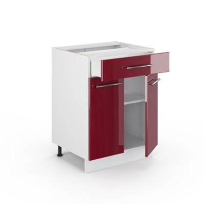 Vicco Meuble salle de bain Rouge bordeaux Haute brillance 60x82cm avec tiroir, sans PT