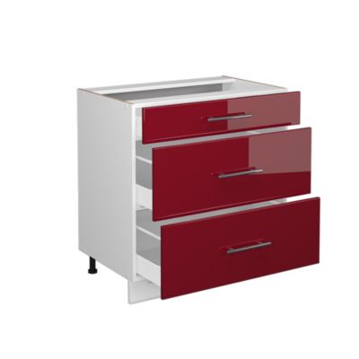 Vicco Meuble salle de bain Rouge bordeaux Haute brillance 80x82cm avec 3 tiroirs, sans PT
