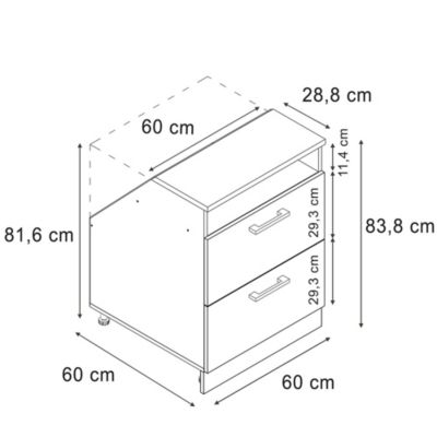 Vicco Meuble sous pente Blanc cannelé 60cm 2 tiroirs, 60 cm de profondeur