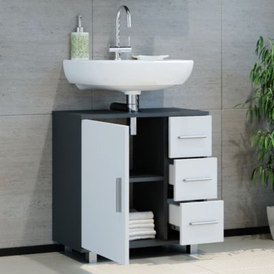 Vicco Meuble sous Vasque Ilias, Chêne doré/Anthracite, 80.2x60.8cm avec 2 tiroirs, avec découpe pour Siphon et Ouvertures d'aération latérales