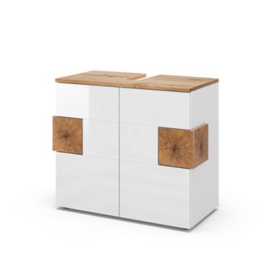 Meuble sous vasque simple Irma, 80x58.6cm, Blanc brillant/Chêne doré