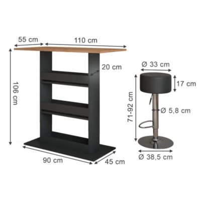 Vicco Set de table de bar GKO/ANT 110x55cm avec 2 tabourets de bar