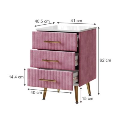 Vicco Table de nuit Rose 41x62cm avec 3 tiroirs
