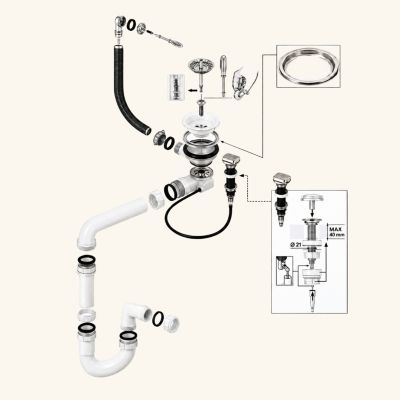 Vidage automatique gain de place 1 bac CUIPD013 pour évier granit - Siphon gain de place