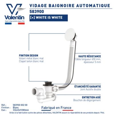 Vidage de baignoire automatique à câble sortie orientable à 360° Valentin finition blanche