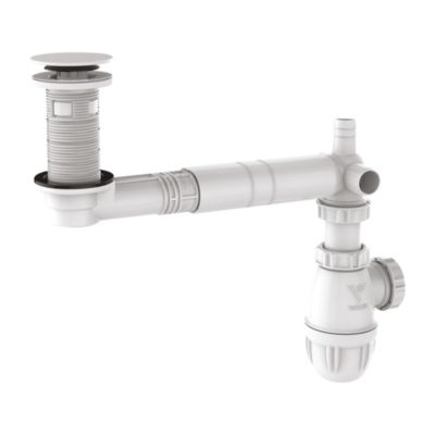 Vidage de lavabo universel avec tubulure extra-plate, siphon déporté, prises Valentin